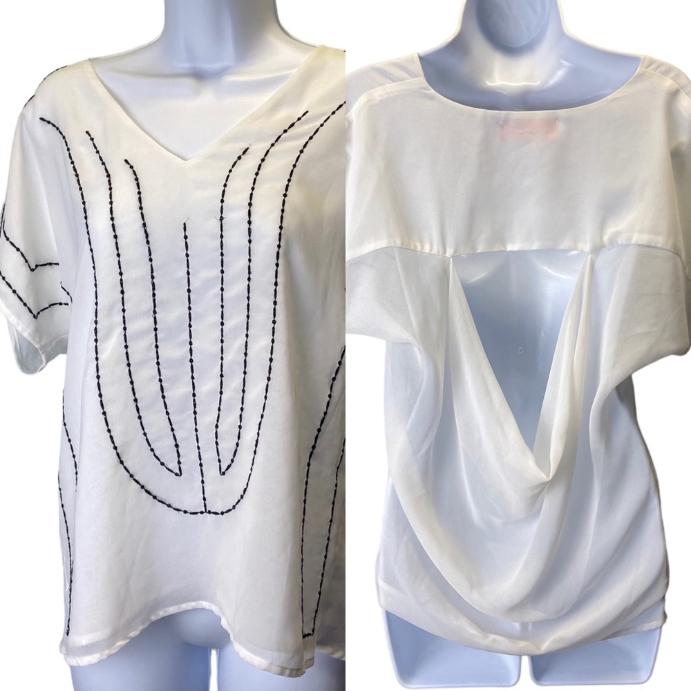 Pookie & Sebastian Embroidered Semi Sheer Open Draped Back Top S Cream